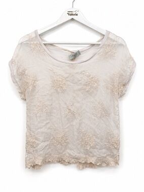 Angela Moda Ivory Lace Sheer Short Sleeve Top Silk Blend Coquette Floral Small